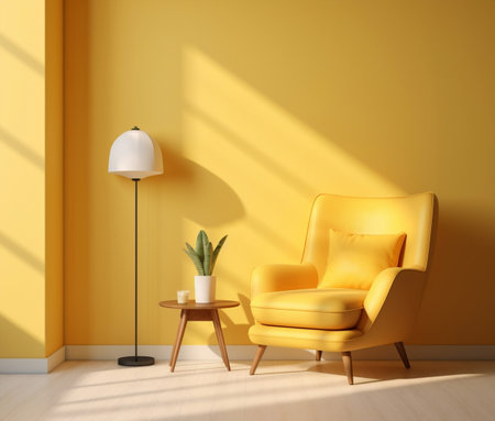 Indoor room living design lamp modern furniture wall decorative armchair home apartment interior floorの素材
