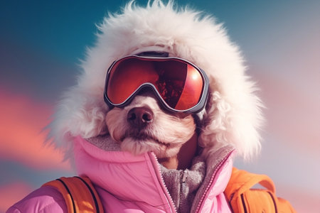 Animal dog happy pet white snow winterの素材
