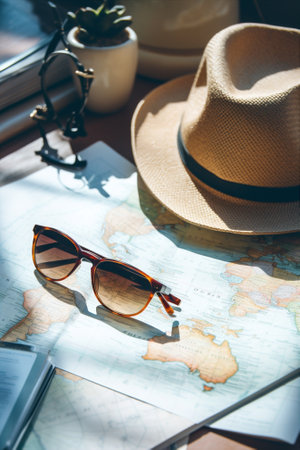 Hat summer journey traveler map trip concept vacation vintage holidayの素材