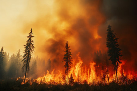 Wild disaster smoke tree fire wildfire burn emergency forest heat nature environment hotの素材
