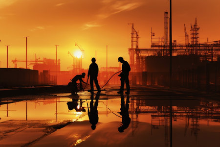 Sunset silhouette people business safety engineer team industrial work constructionの素材