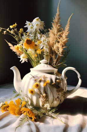 Herbal summer flowers tea water healthy green background medicine leaves drink teapot hotの素材