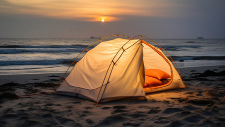 Beach landscape vacation ocean nature tent sea summer sunset travel campの素材
