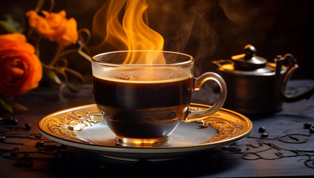 Beverage tea cup food hot table black coffee drink brownの素材