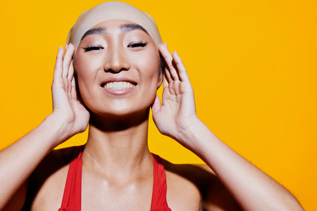 Smile woman fashion portrait beauty yellow trendyの写真素材