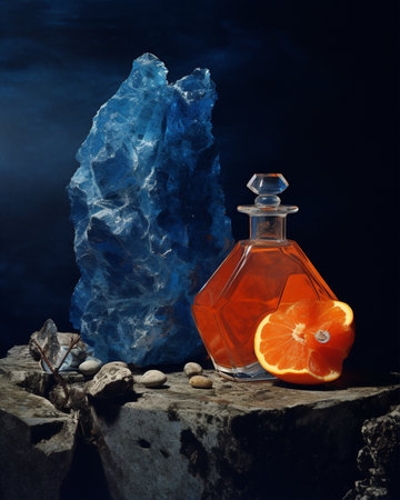 Perfume drink fashion transparent scent glass green bottle alcohol background black rockの素材