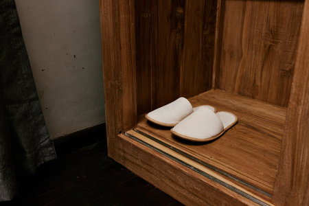 Footwear foot pair slipper comfortable floor soft home warm interior whiteの写真素材