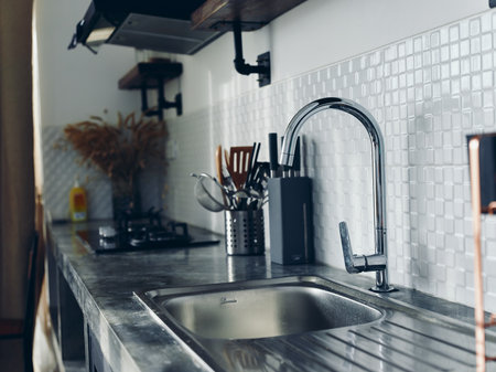Modern kitchen sink, stylish interior.の写真素材