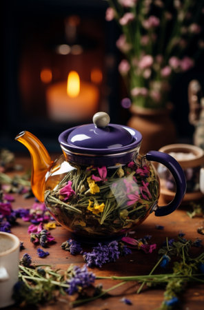 Herbal healthy water background green drink petal hot tea teapot table flowers boilの素材