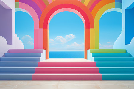 Colorful vintage surreal travel elegant art architecture arch design sun landscape conceptの素材