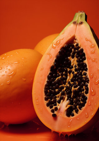 Bright leaf ripe tropical papaya food seeds sweet fresh orange juicy fruitsの素材