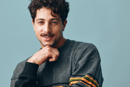 Sweater man style fashion hipster portrait joyful smile face handsome copyspace trendy