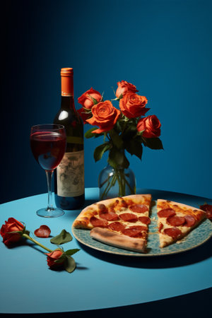 Dinner red wine love meal alcohol pizza food cheese glass drink bottleの素材