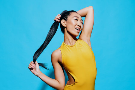 Woman beauty surprised smile black fashion trendy female lifestyle yellow blue portrait wow