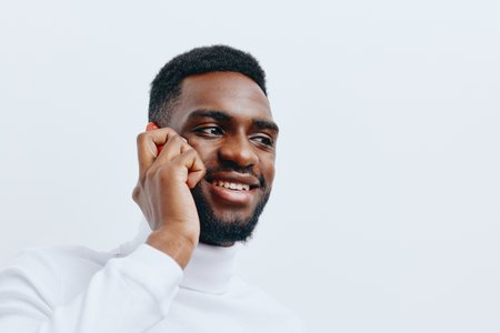 man happy phone african copy mobile black businessman smile young space technology
