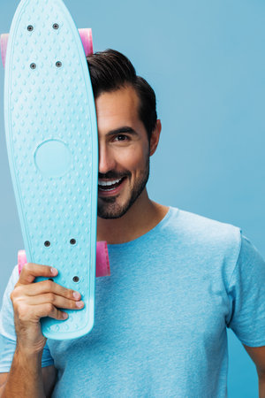 Summer man guy space lifestyle skater copy portrait studio hipster skateboard sport skateの写真素材