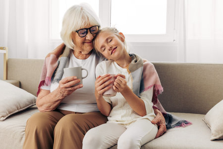Mugs grandmother hugging home couch plaid sofa love winter girl family child granddaughterの写真素材