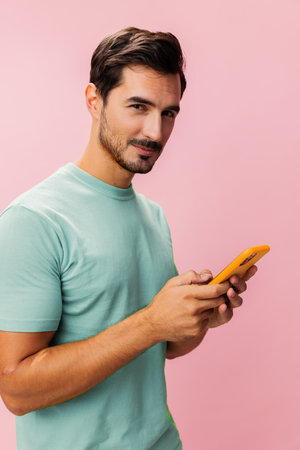 Man phone communication background lifestyle cyberspace portrait holding happy