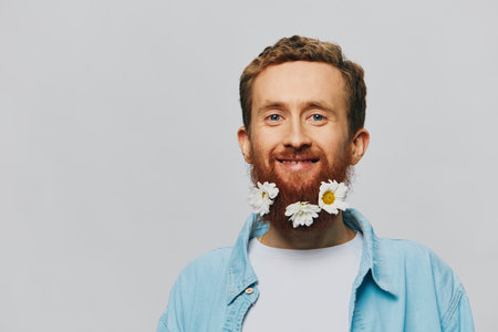 Portrait of a funny man in a white T-shirt with flowers daisies in his beard on a white isolated background, copy place. Holiday concept and congratulations.の写真素材