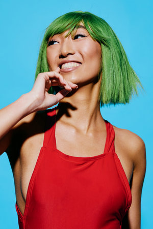 Woman swimsuit fashion beauty trendy portrait smile wigの写真素材