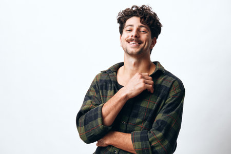 Face man fashion confident shirt portrait handsome happy copyspace smile hipster emotion standing trendyの写真素材