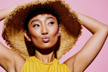 Portrait woman trendy beauty fashion yellowの写真素材