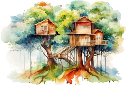 Outdoor illustration summer trees house home green watercolor art landscape forest natureの素材