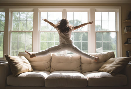 Beauty woman morning young person room window home wake relaxation femaleの素材