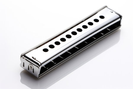 Object technology steel harmonica instrument equipment background closeup sound metallic musical whiteの素材