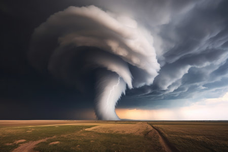 Thunderstorm field tornado dramatic dark clouds sky weather rain cloudscape landscape nature stormの素材