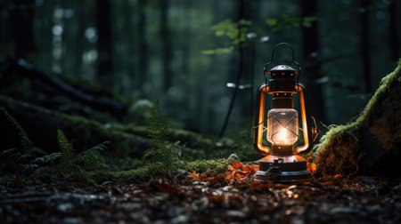 Dark night glow lamp flame oil lantern old vintage light kerosene backgroundの素材
