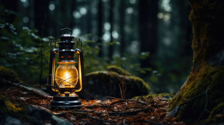 Nature old oil flame lamp dark light lantern kerosene vintage night forestの素材
