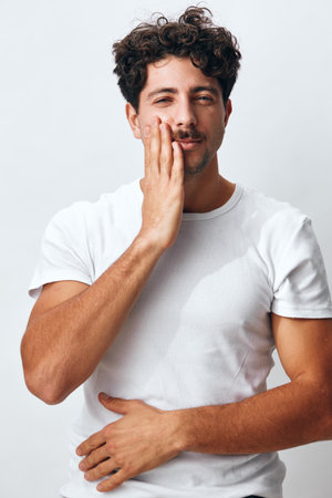 Man smile casual background t-shirt white arms portrait hispanic hipster fashion attire lifestyle isolatedの写真素材