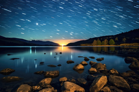Star sky lake outdoors night nature landscape blue beauty travelの素材