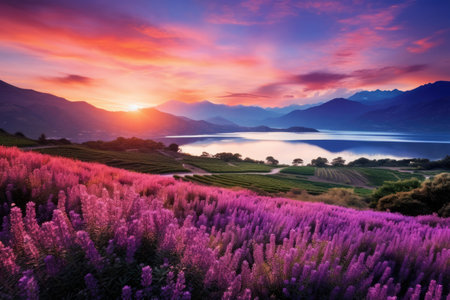 Nature summer blossom sky landscape mountain spring meadow flower sunset beautifulの素材