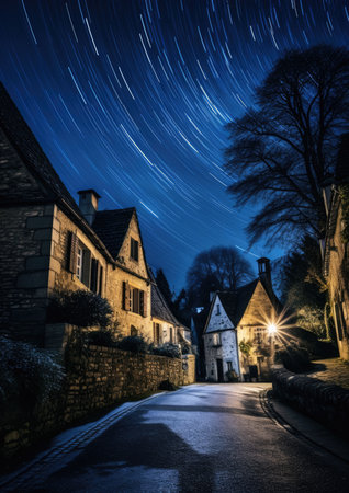 Light landscape space sky house blue stars night starry dark astronomy natureの素材