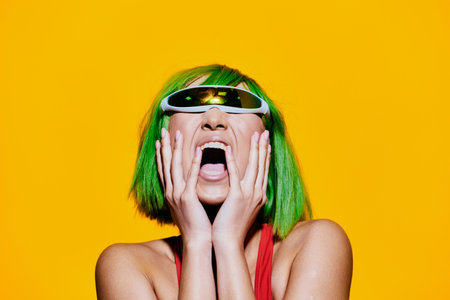 Woman fashion smile portrait trendy sunglasses wig beautyの写真素材