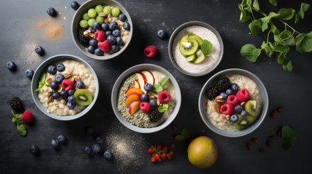 Fresh granola yogurt healthy vegetarian breakfast bowl food organic fruitsの素材