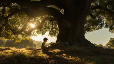 Person nature forest trees park sunlight sunset sitting summer sun green leaf outdoorsの素材