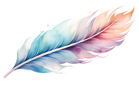 Blue watercolor abstract plume feather illustration colorful bird drawing white design art natureの素材