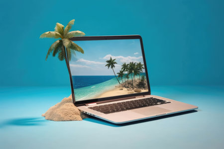 Beach work internet summer notebook computer business technology screen laptop seaの素材