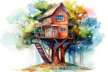Summer illustration art tree home forest building nature wood house fantasy watercolorの素材