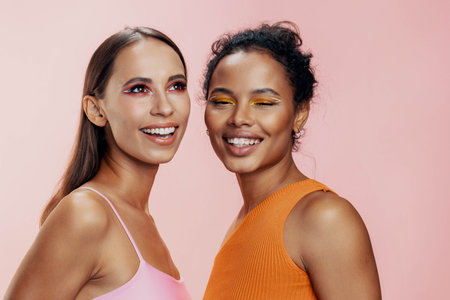 Model woman race together skin two beauty mixed make-upの写真素材