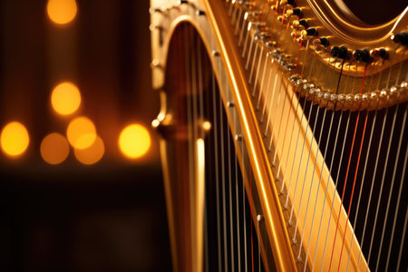 Classical string orchestra harp closeup concert musical instrument melody sound acousticの素材