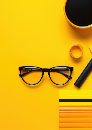 Work workplace business paper glasses notebook space notepad desk concept office yellow background tableの素材