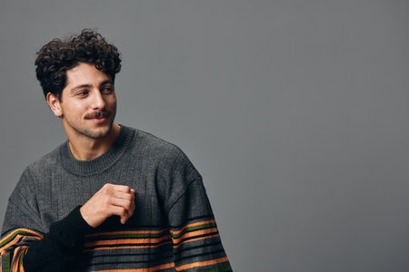 Man isolated sweater casual copyspace trendy portrait fashion face mature hipster smile confident...