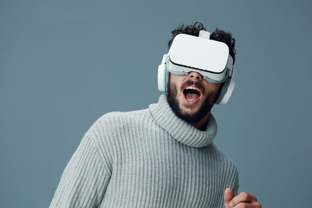 Reality man innovation equipment goggles headset entertainment virtual technology glasses digital...