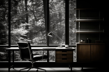 Interior desk table business window work nobody furniture chair design modern office room computerの素材