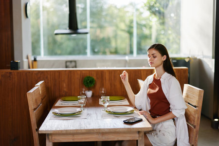 Lifestyle female caucasian cook young food women table home healthy beautiful vegetables kitchen personの写真素材