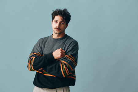 Man face smile fashion male sweater portrait hipster copyspace trendy handsome model friendlyの写真素材